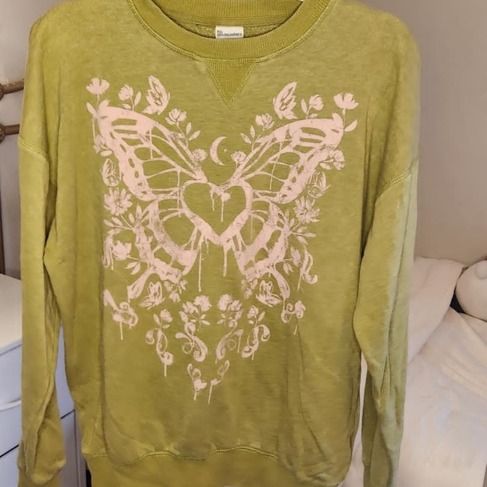 No Boundaries Green Sweater with Pink Butterfly Design